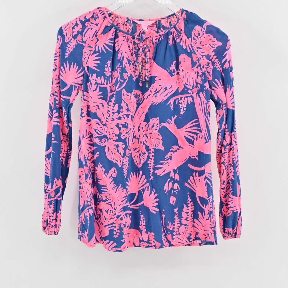Lilly Pulitzer Womens Willa Top‎ Size XXS Indigo Night Caw Neon Blouse Pink Blue